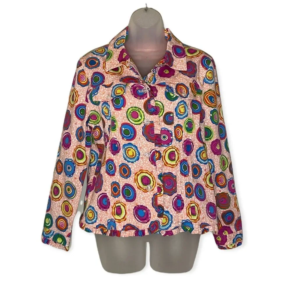 Redd Jeans Vibrant Sequin Pink Denim Jacket Large Circle Pattern 10 - Picture 1 of 16